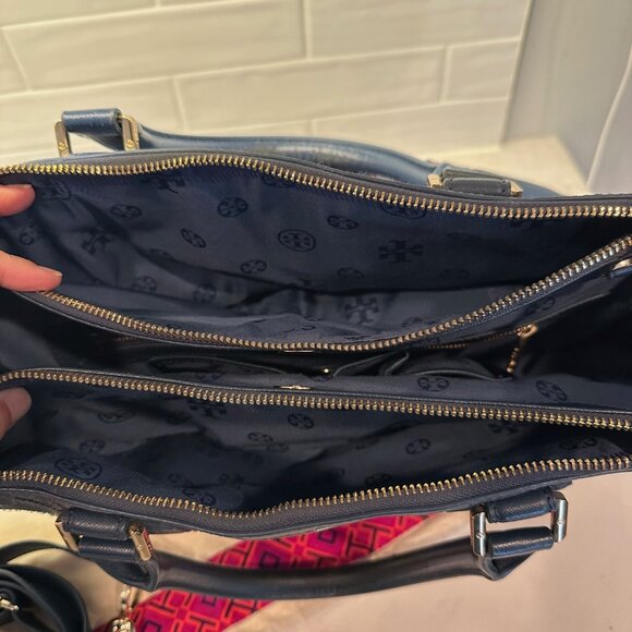 Tory Burch Blue/Purple Robinson Patchwork Double Zip Tote - Picture 8 of 11